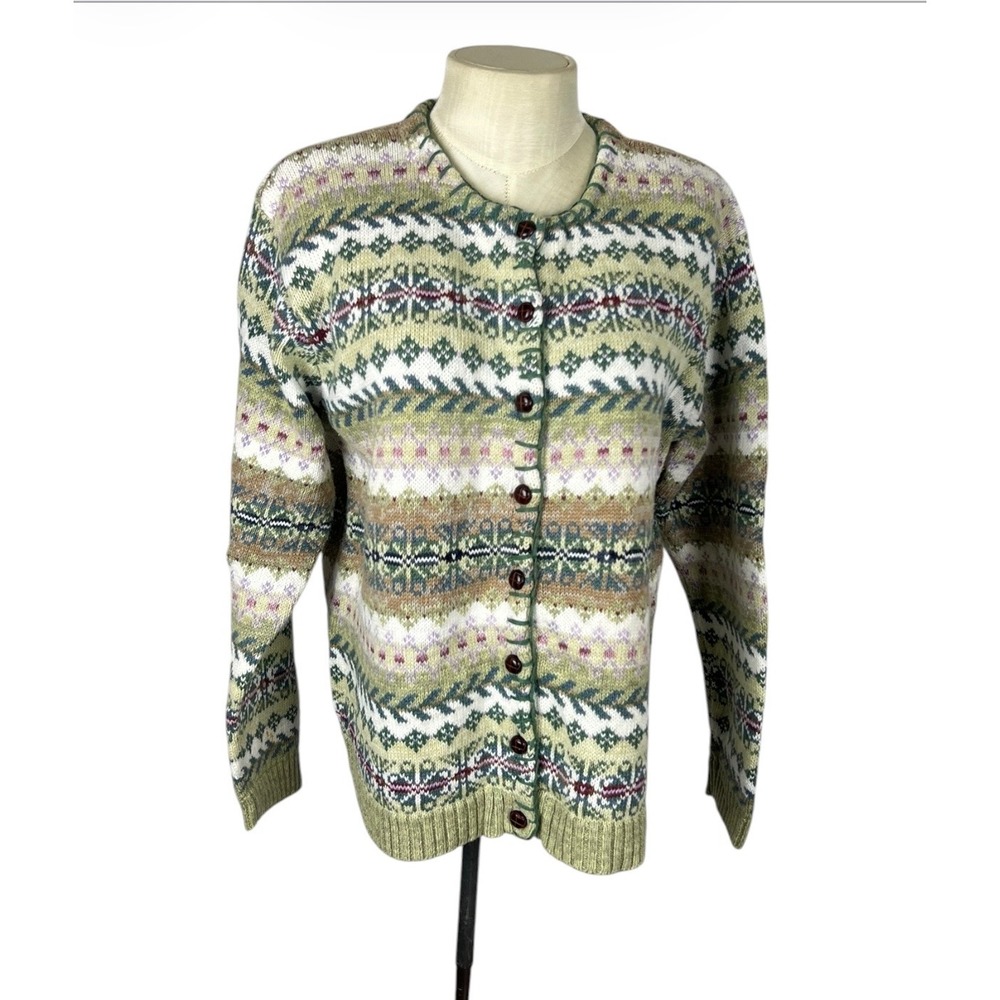 Fashion Bug Vintage Fair Isle Cardigan Sweater Sage Green Ramie Cotton Large